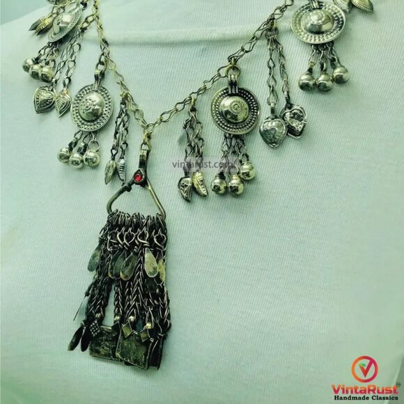 Ethnic Kuchi Tribal Necklace with Bells & Charms, Gypsy Choker Necklace - Picture 2 of 8